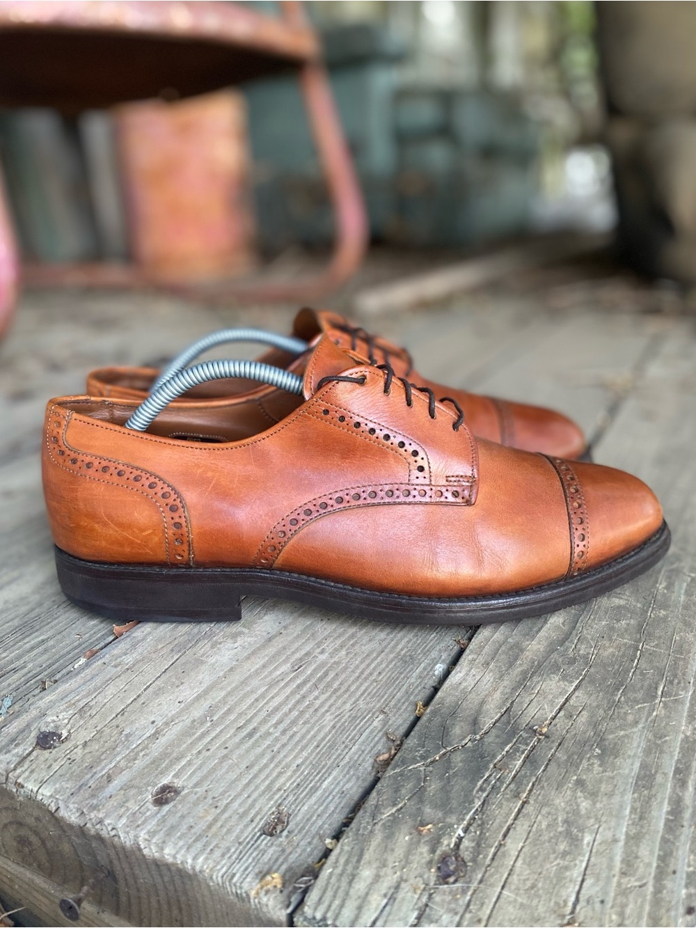 Allen Edmonds Benton Cognac Brown Leather Cap Toe Derby Shoes